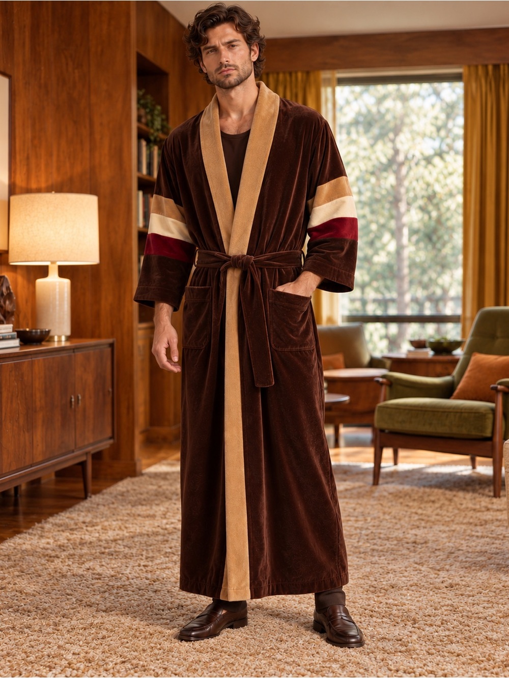 Vintage Majestic Chocolate Brown Velvet Maxi Robe Striped Sleeves One Size
